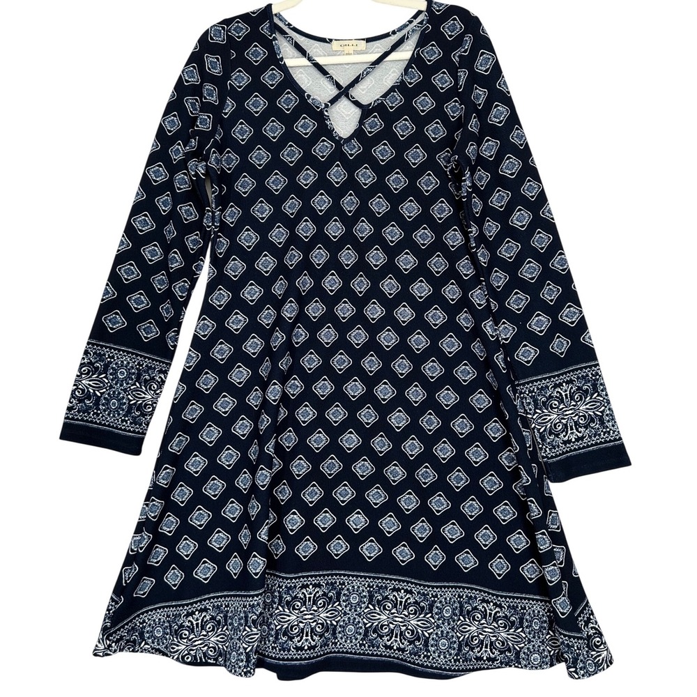 Gilli Navy Blue Geometric Patterned Long Sleeve Dress Strappy Chest Womens Large